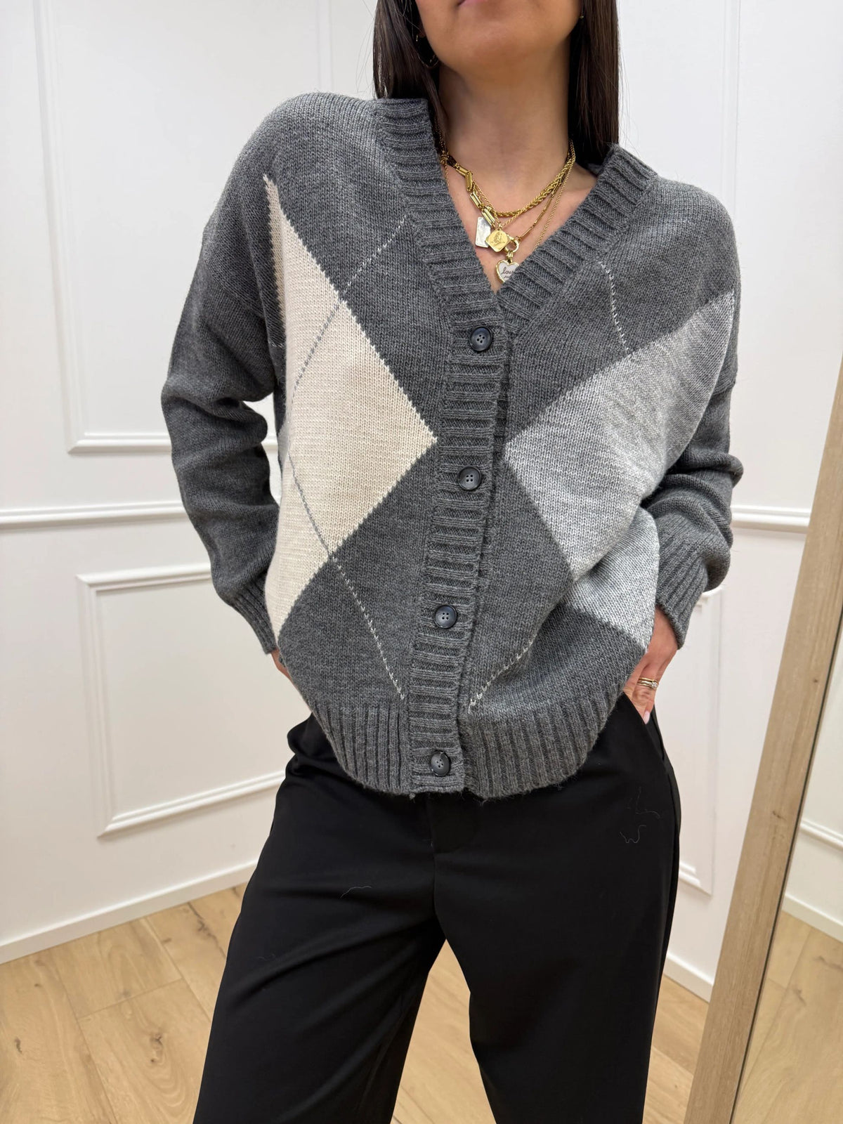 Cardigan maxi losanghe grigio, panna e perla - HaveOne