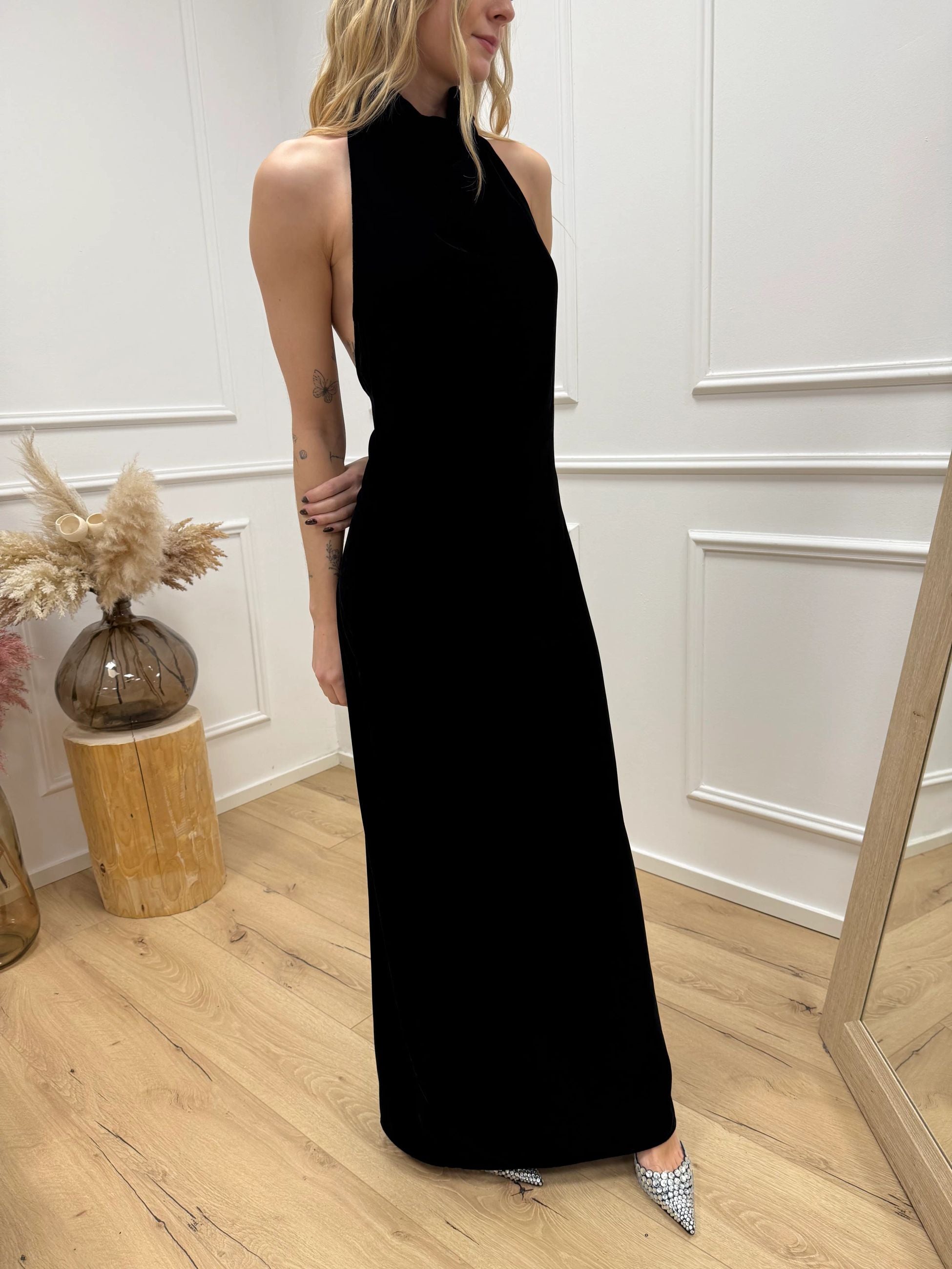 Vestito in velluto nero scollo america - Vicolo