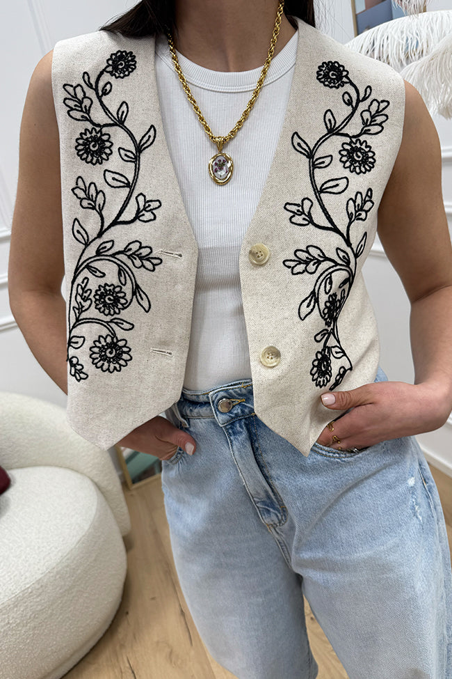 Gilet crop burro ricamato misto lino - Crispy