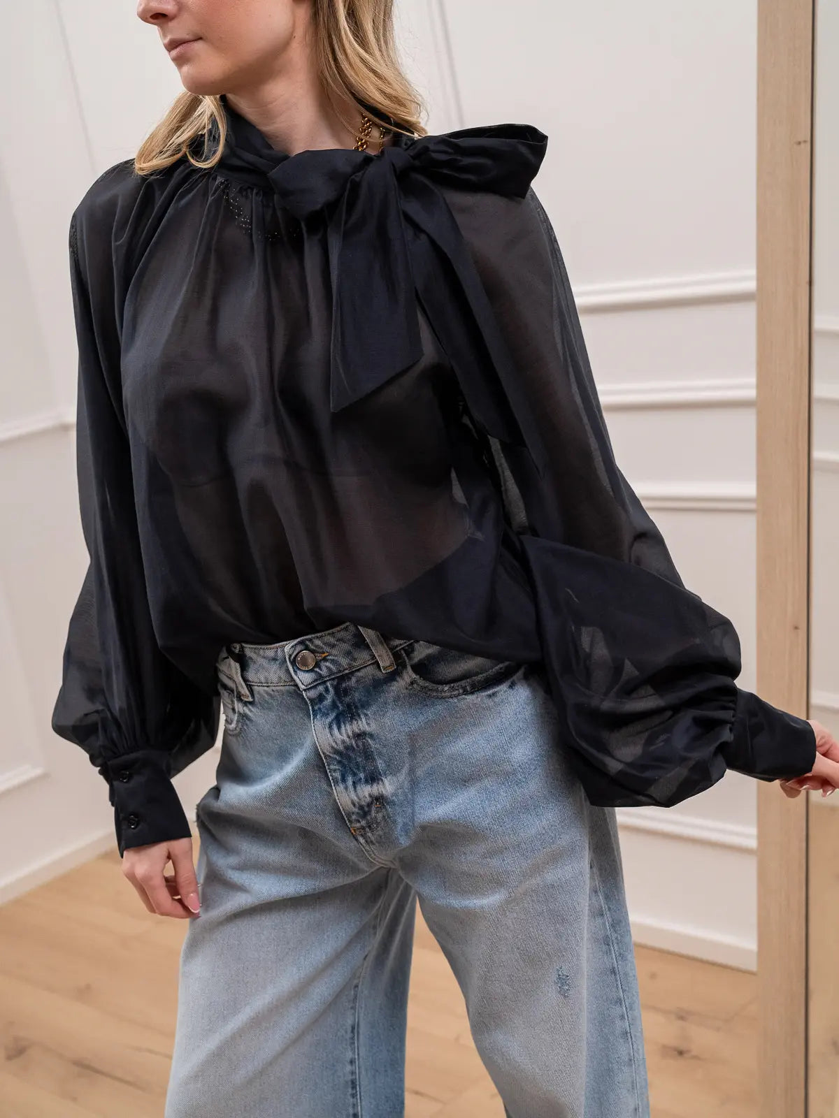 Camicia blu notte in lyocell con fiocco - Vicolo