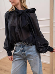 Camicia blu notte in lyocell con fiocco - Vicolo