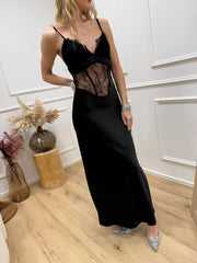 Vestito lungo nero in raso e pizzo - HaveOne