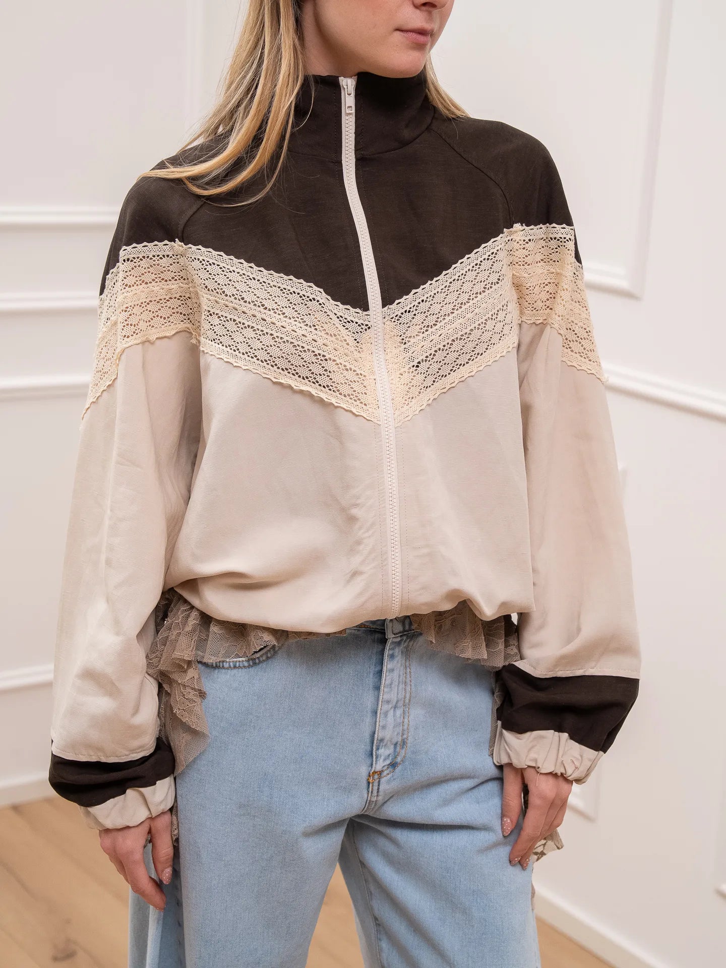 Bomber misto lino moka, mastice banda crochet - Tensione In