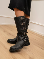 Stivale biker multi fibbie in pelle nero - Ovyè