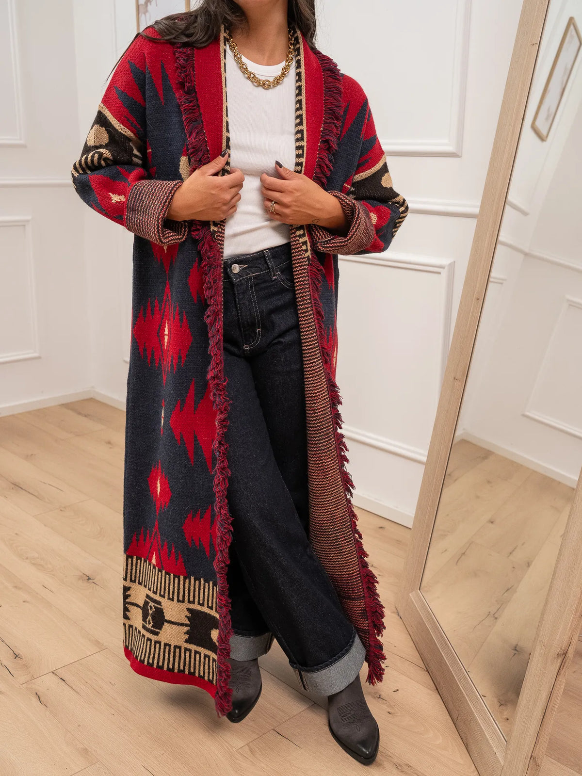 Cardigan lungo etnico rosso, blu, beige e moro - Vicolo