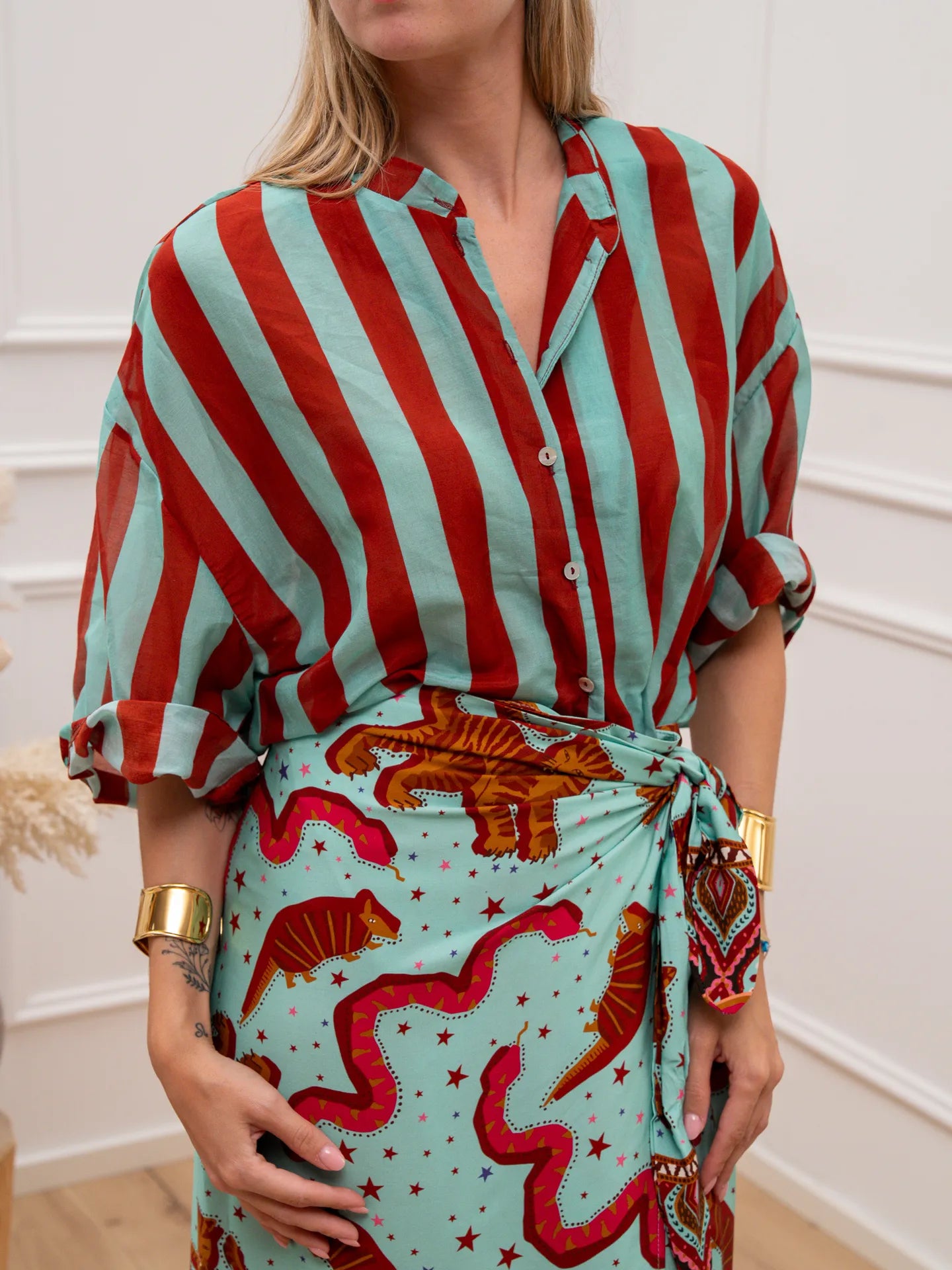 Camicia maxi riga acqua e bruciato misto seta - Tensione In