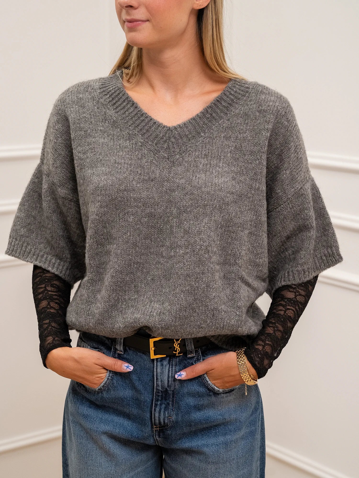 Maglia scollo a v e manica in pizzo misto alpaca - Kontatto