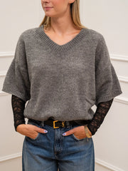 Maglia scollo a v e manica in pizzo misto alpaca - Kontatto