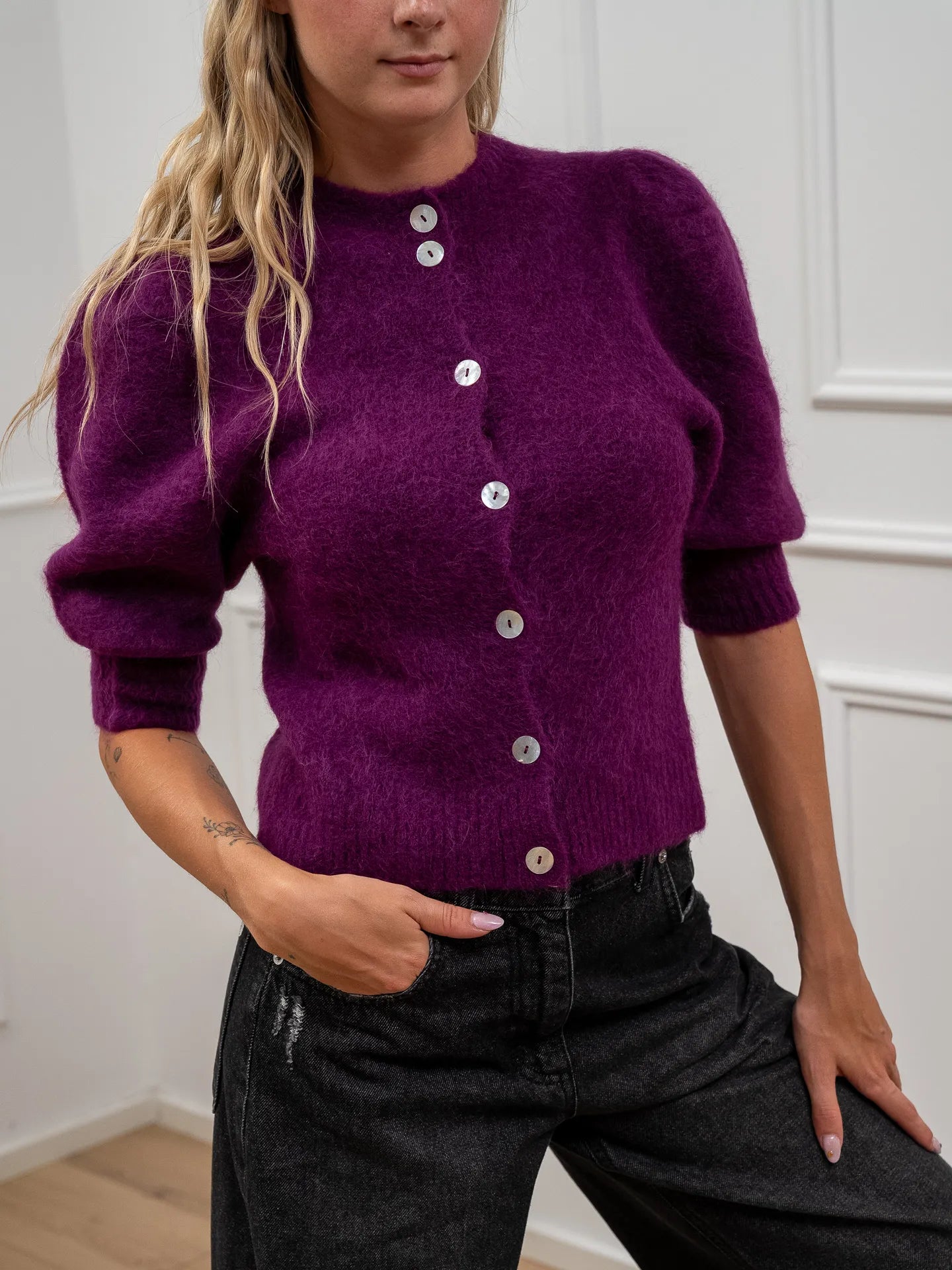 Cardigan porpora manica balloon alpaca superfine - Kontatto