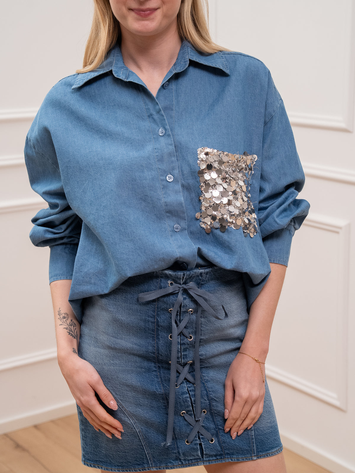 Camicia in denim tasca paillettes - Tensione In