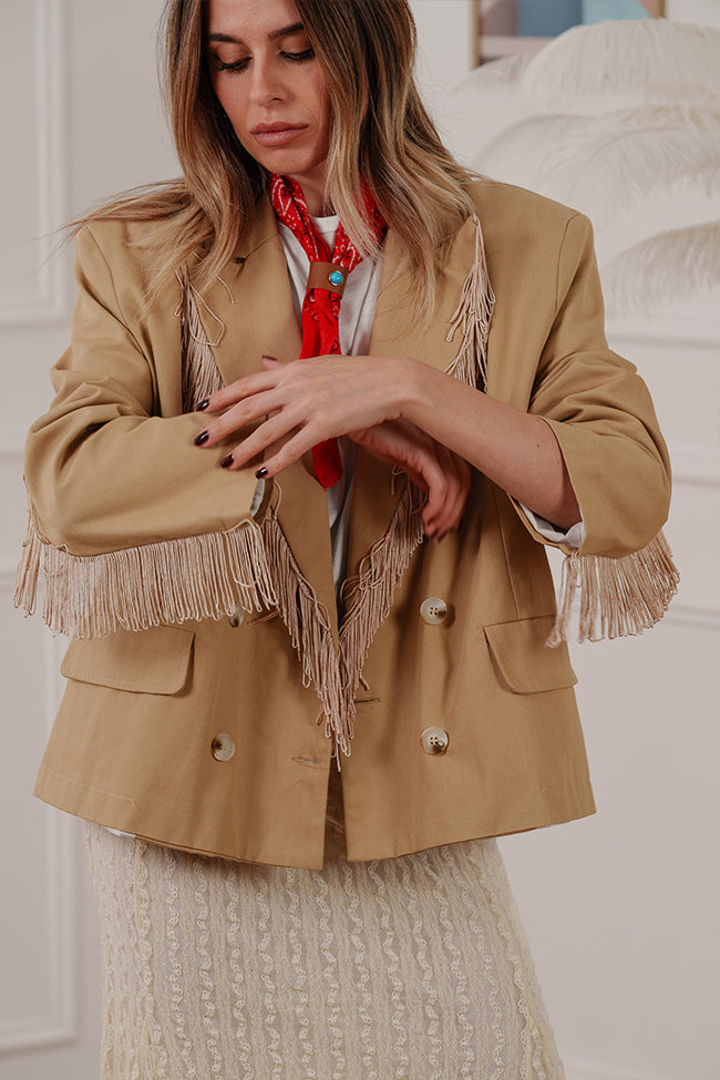 Giacca camel in cotone con frange - HaveOne