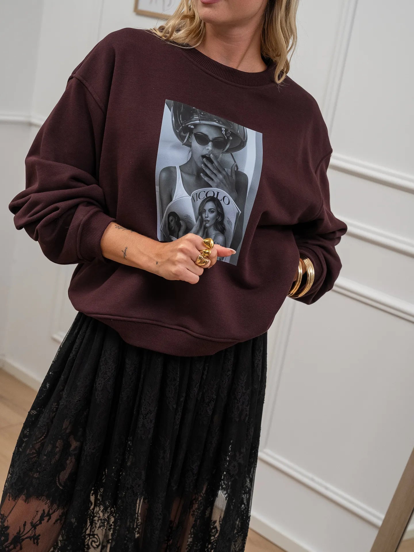 Felpa "Vanity" vinaccia con stampa - Vicolo