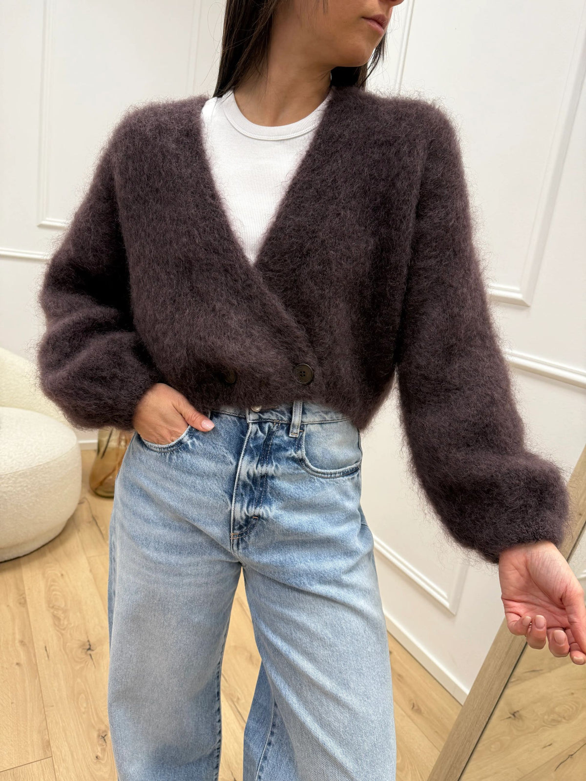 Cardigan kid mohair moro con bottone laterale - Dixie