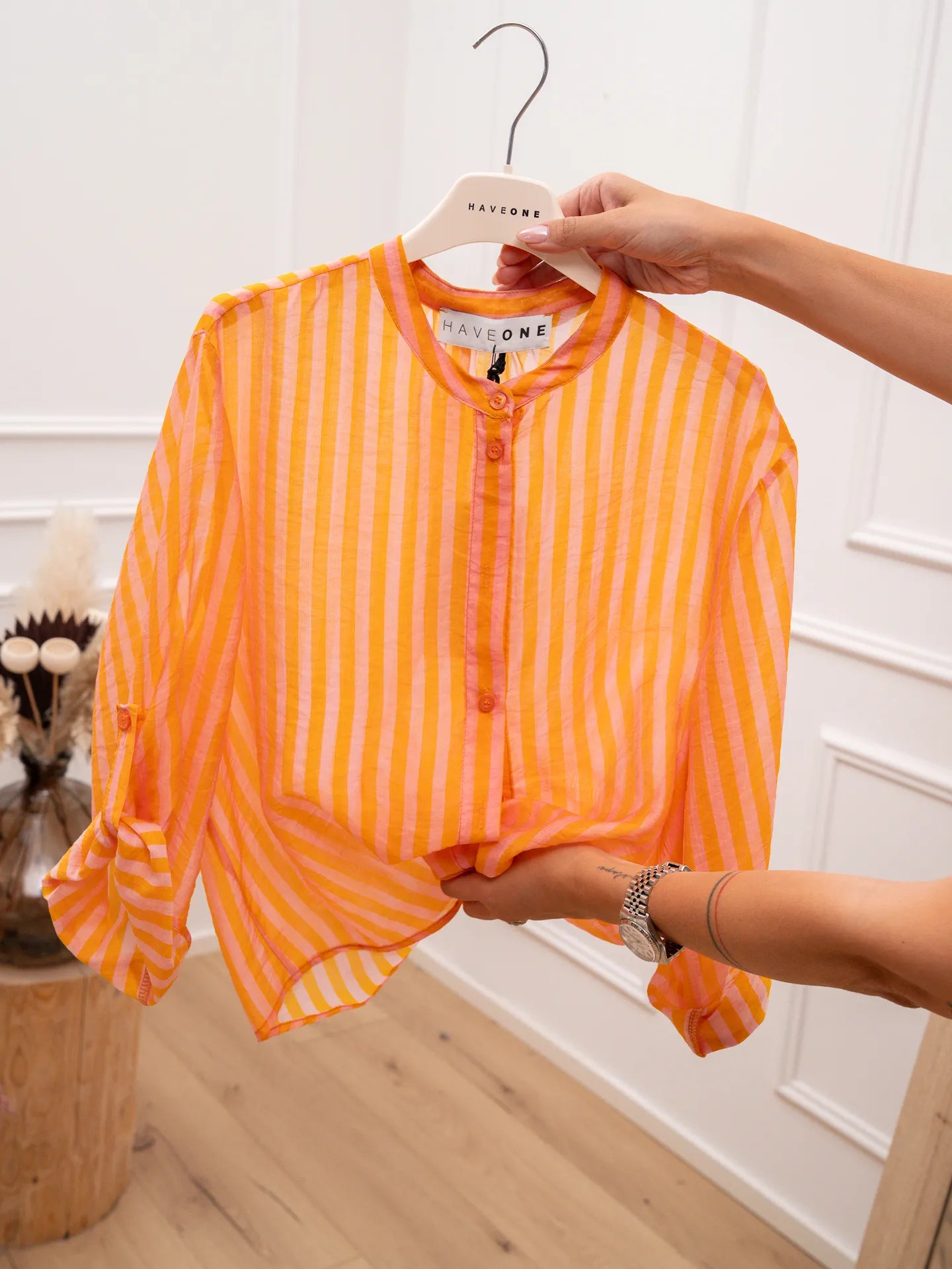 Camicia riga sottile arancio e rosa in lyocell - HaveOne