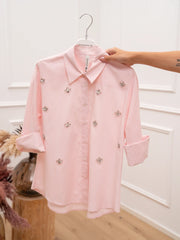 Camicia Shine rigata rosa con cabochon - Tensione In