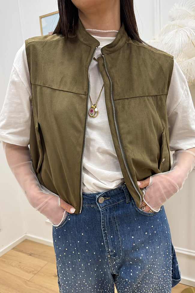 Gilet smanicato in dainetto verde militare - HaveOne