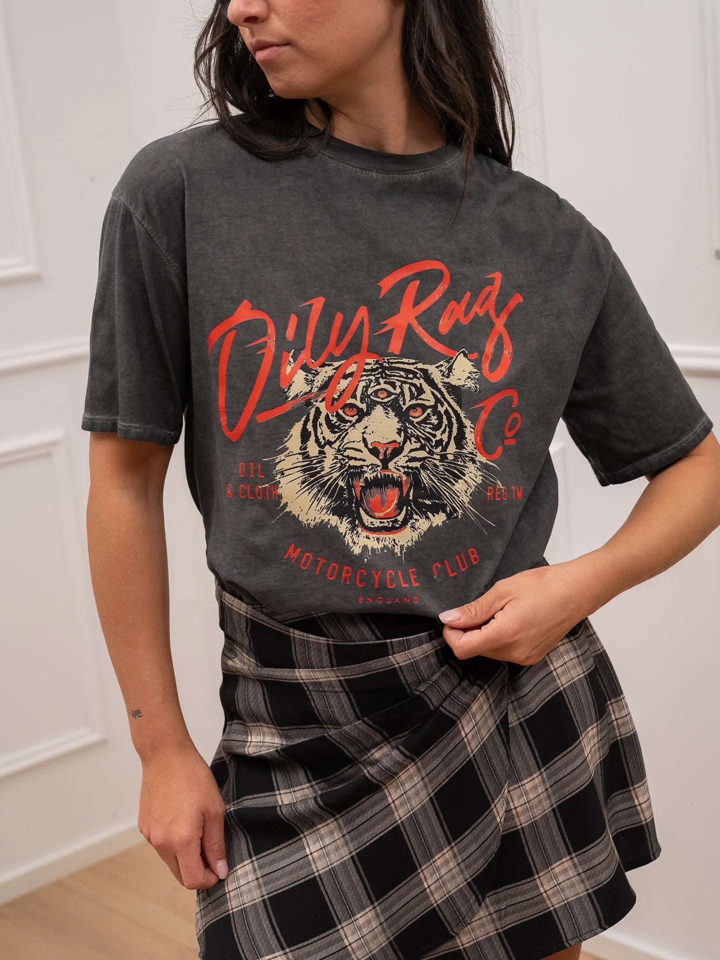 T shirt grigio slavato stampa tigre "Motorcycle" - HaveOne