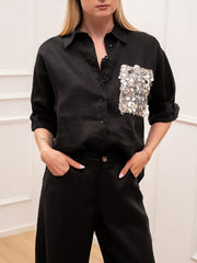 Camicia Dreamer nera in lino tasca paillettes - Tensione In