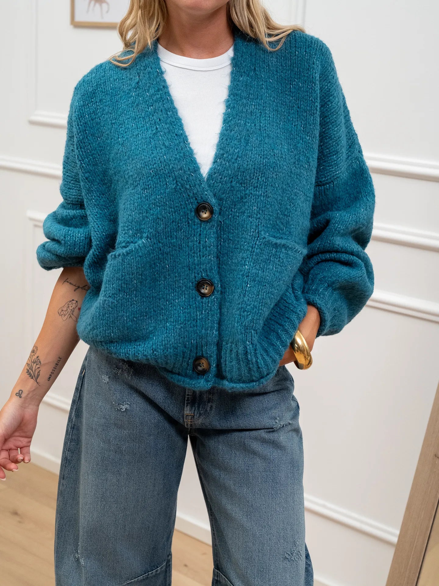 Cardigan ottanio a tre bottoni con taschine - HaveOne