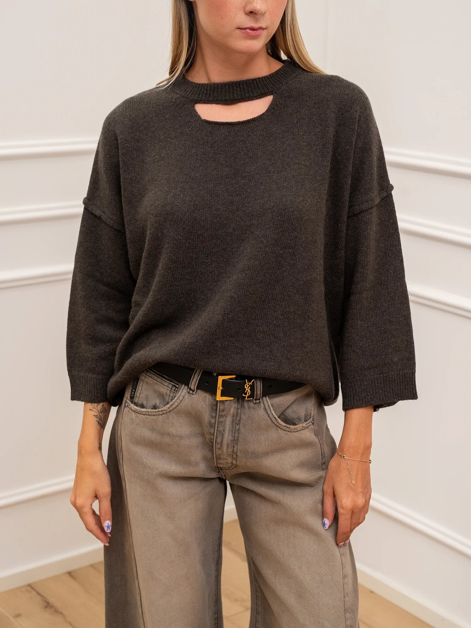 Maglia collo cut out misto lana e cashmere - HaveOne