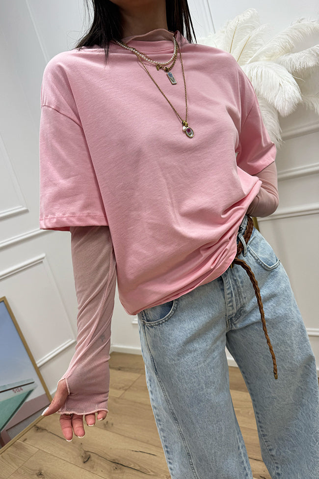 T shirt rosa con manica in tulle - Vicolo
