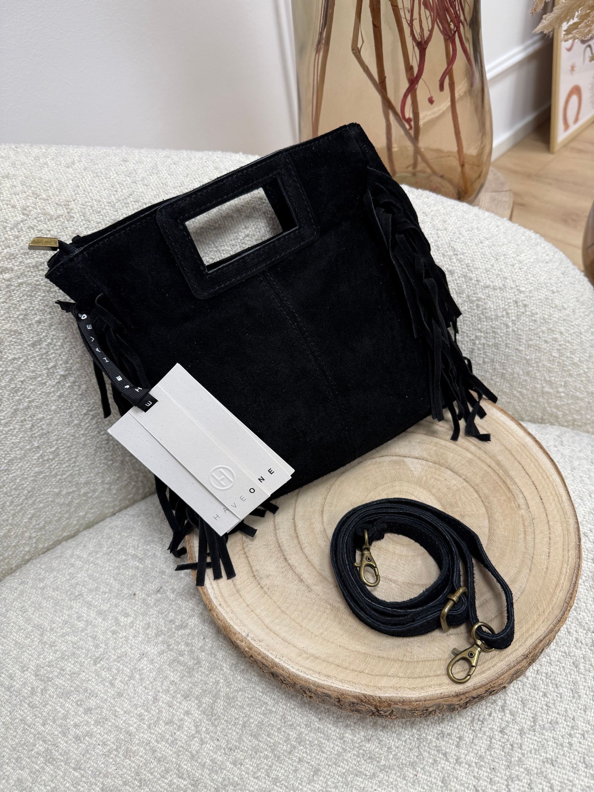Borsa scamosciata nera con frange - HaveOne