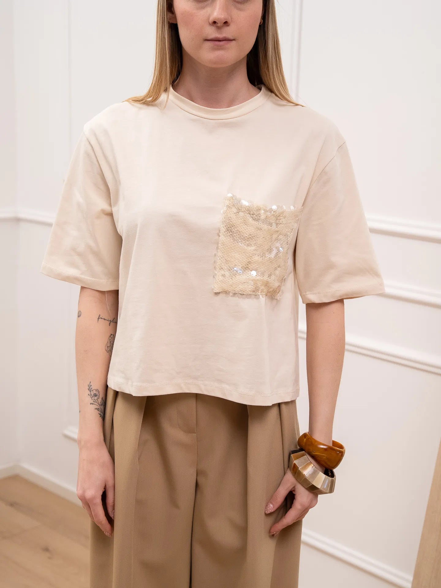 T shirt crop burro tasca paillettes - HaveOne