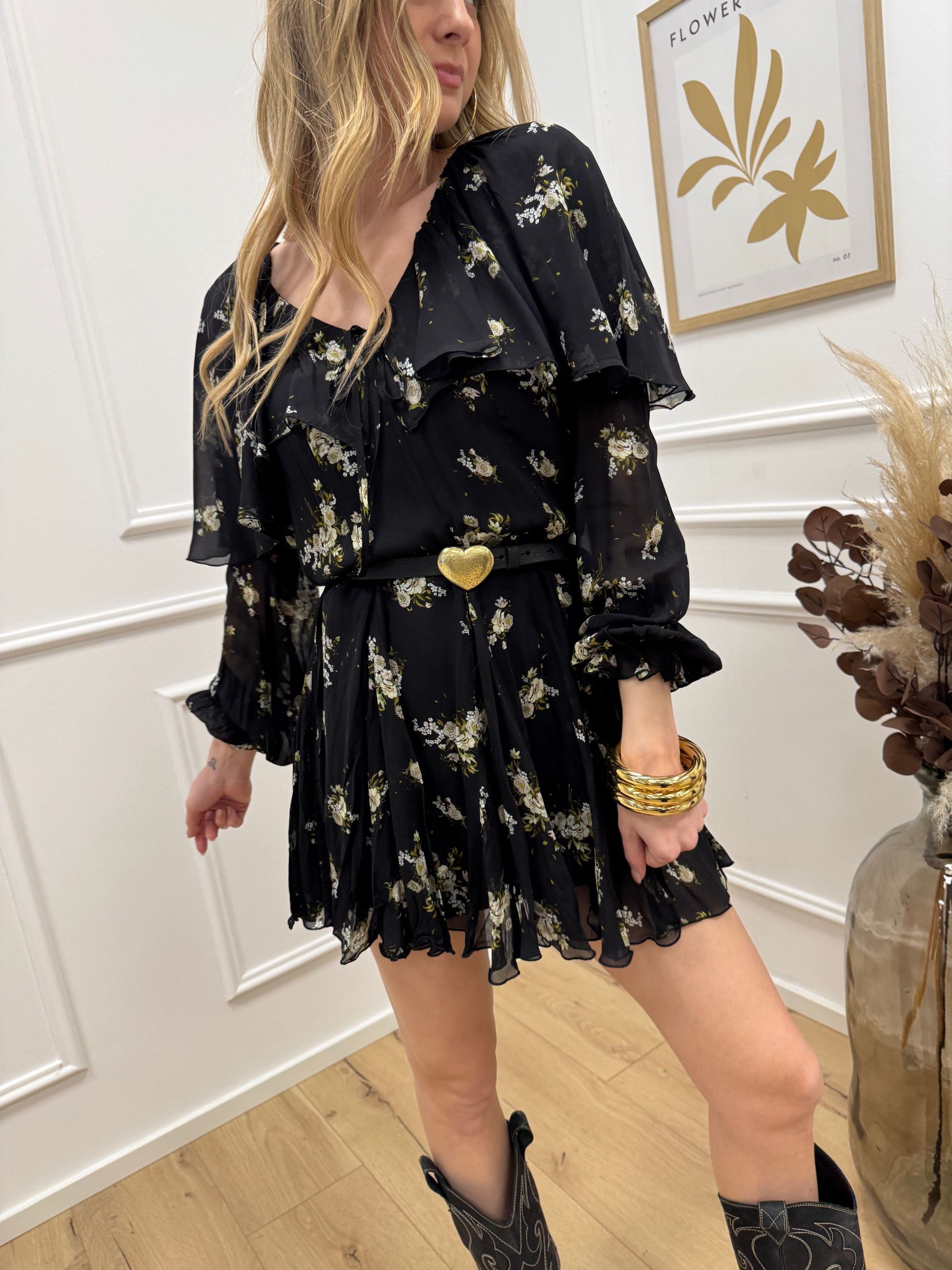 Vestito mantella nero a fiori in georgette - Aniye By