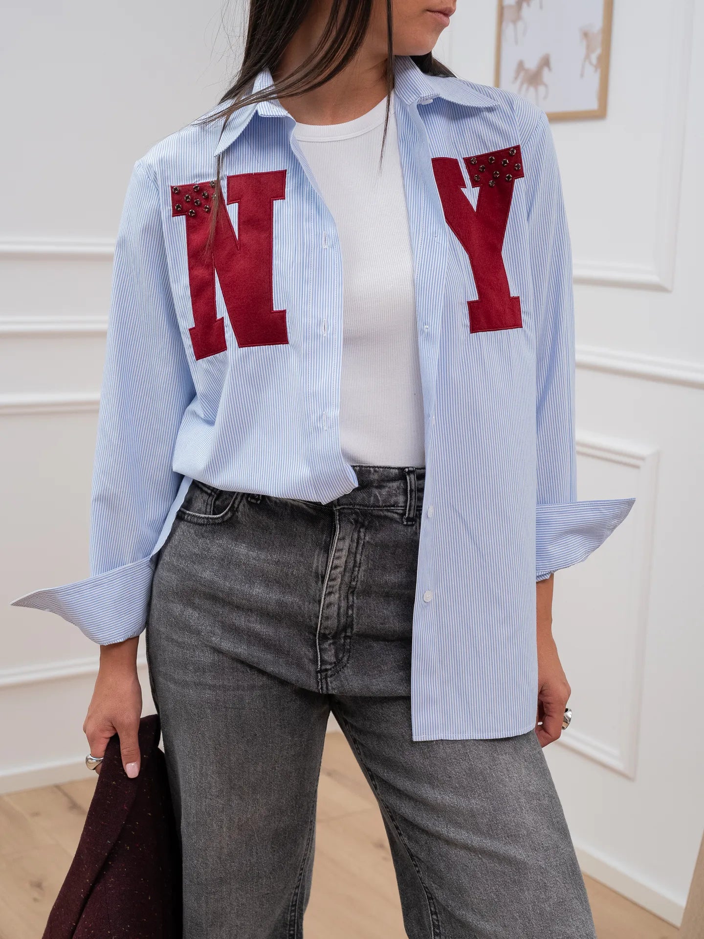 Camicia rigata celeste patch NY - Vicolo