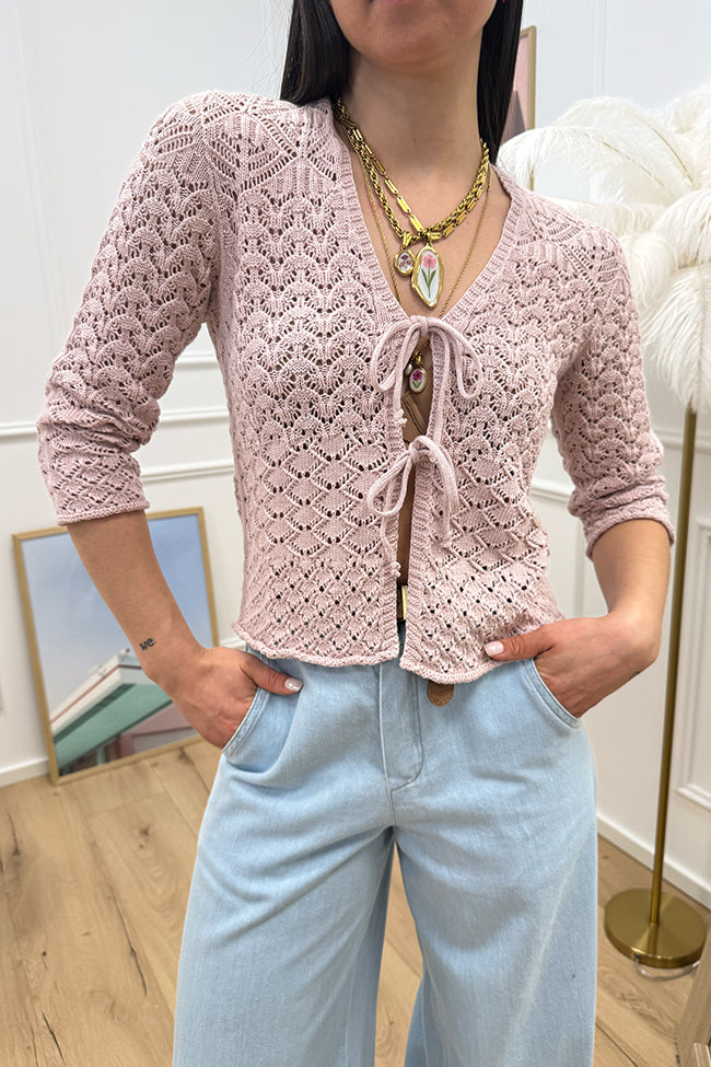 Cardigan traforato cipria con laccetti - HaveOne