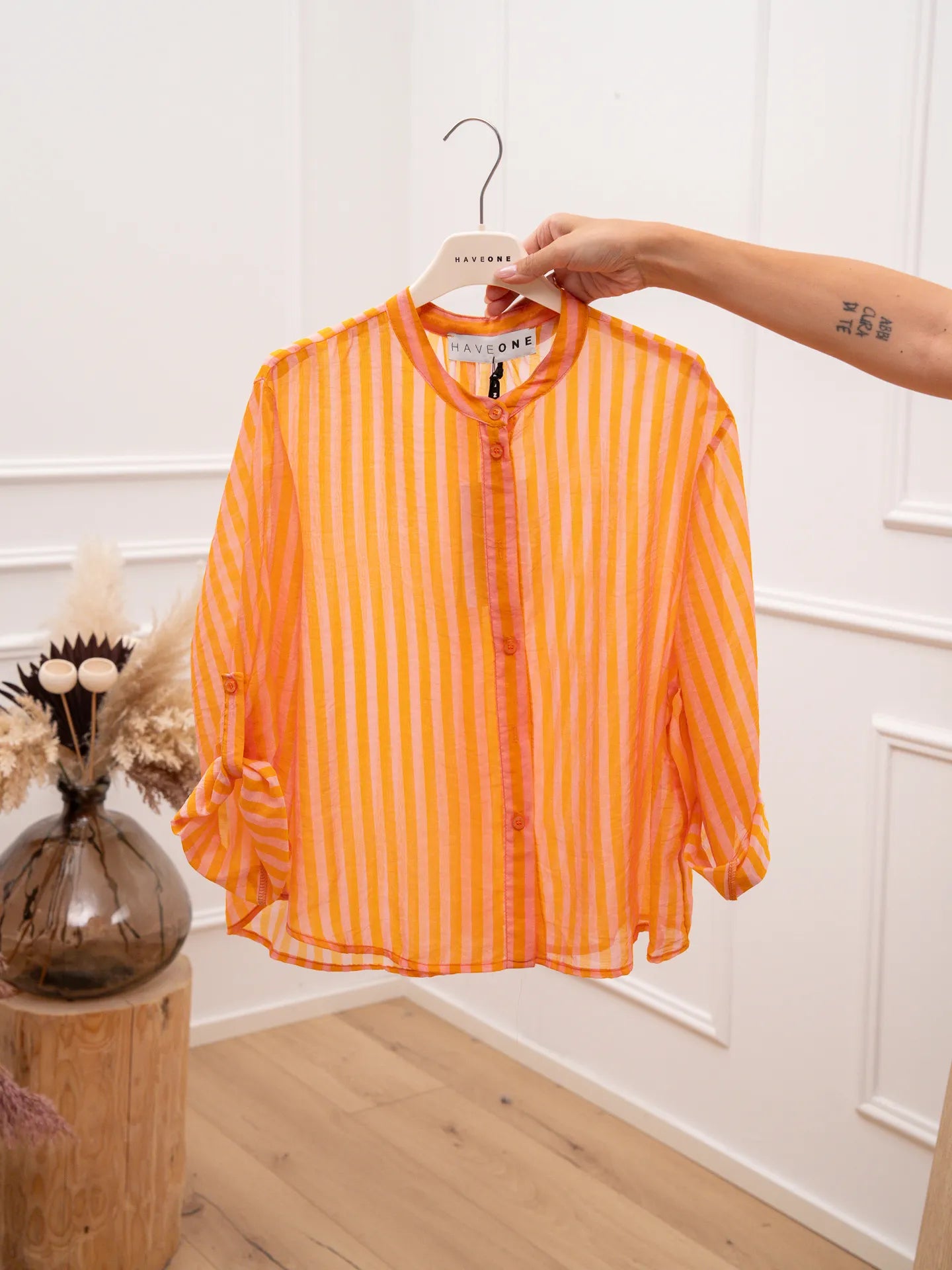 Camicia riga sottile arancio e rosa in lyocell - HaveOne