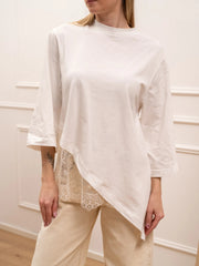 T shirt bianca taglio asimmetrico e pizzo crema - HaveOne