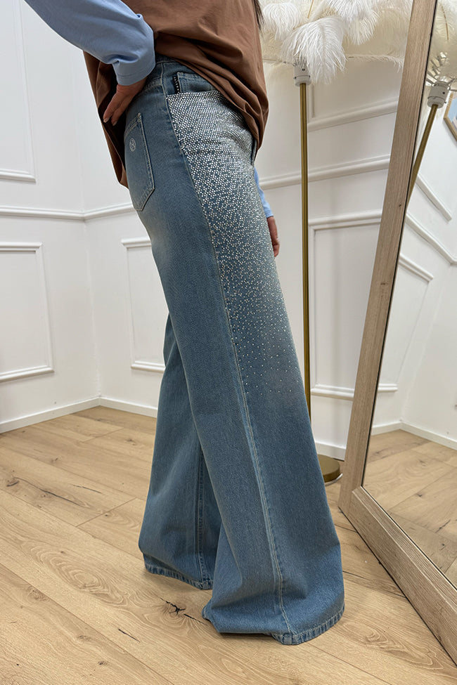 Jeans palazzo denim medio cascata strass - HaveOne