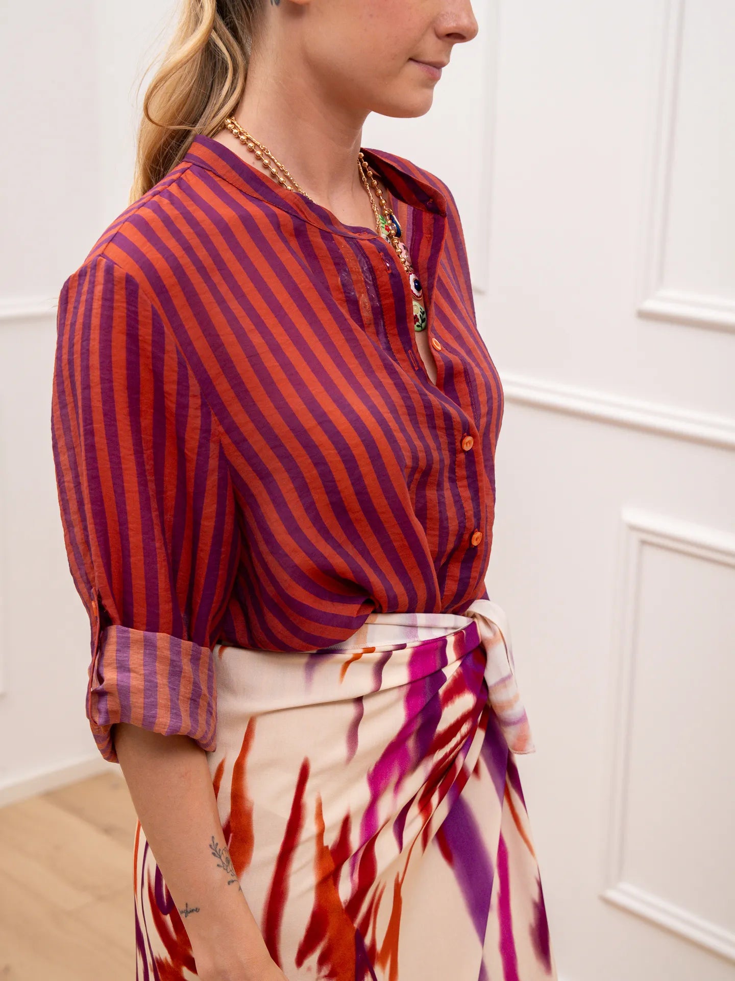 Camicia riga sottile arancio e viola in lyocell - HaveOne