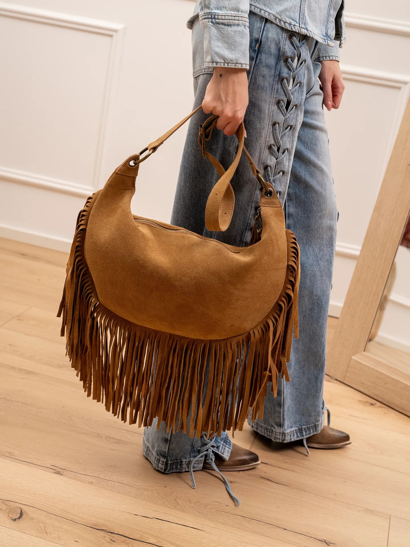 Borsa maxi in crosta camel con frange - Vicolo