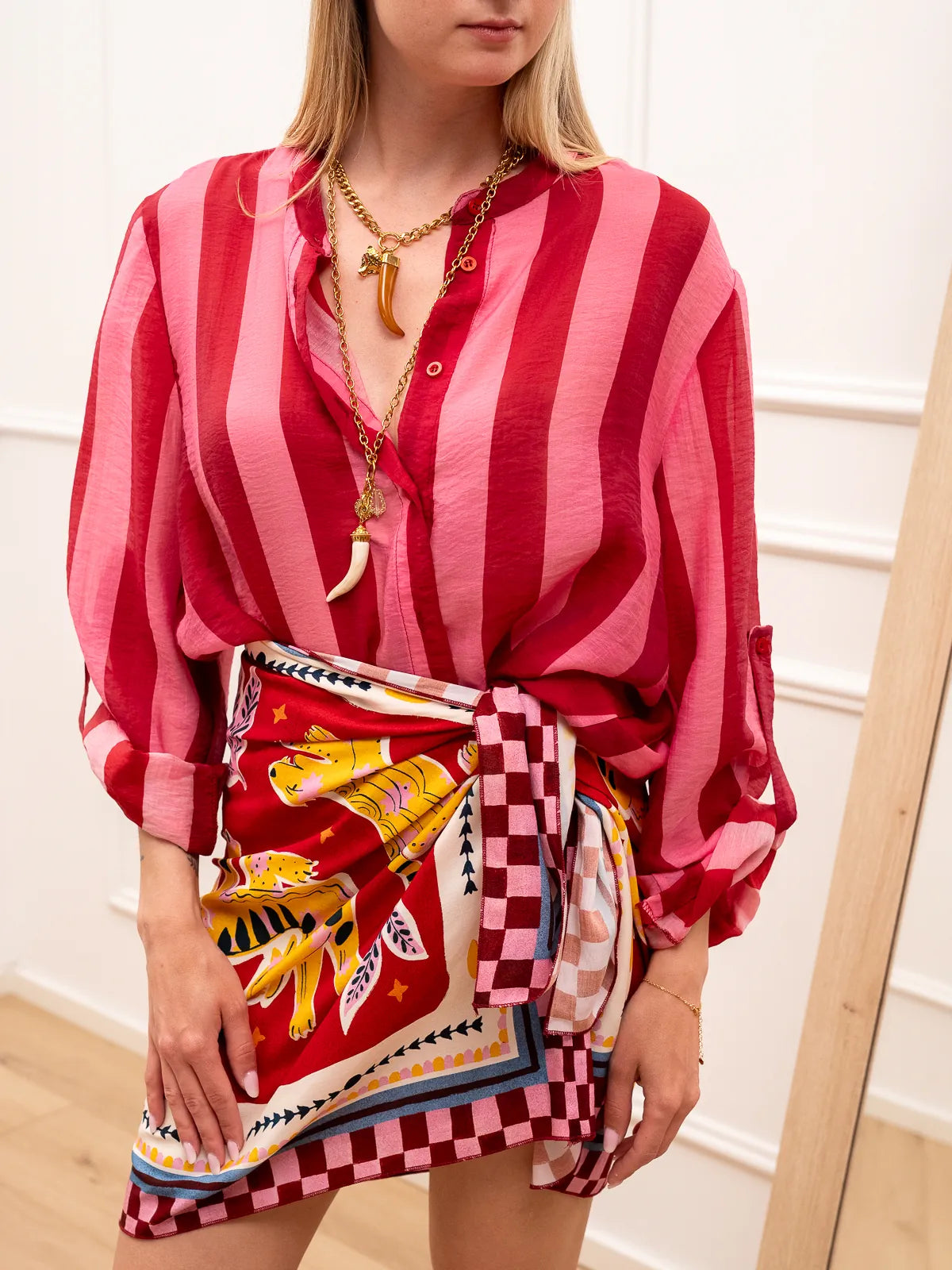 Camicia rigata rosso e fucsia in lyocell - HaveOne
