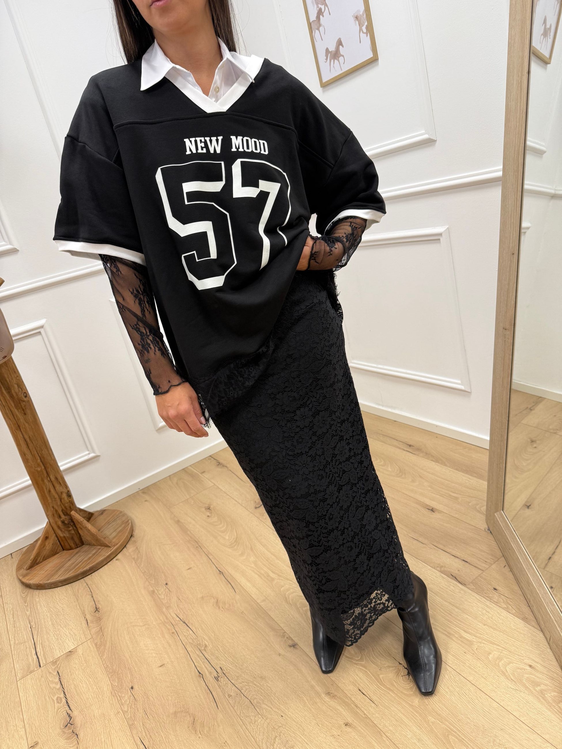 T shirt baseball nera con pizzo - Vicolo