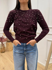 Maglia girocollo sangria con perle e strass - You Decide