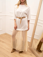 Vestito t shirt bianca e pizzo crema con cintura - Tensione In