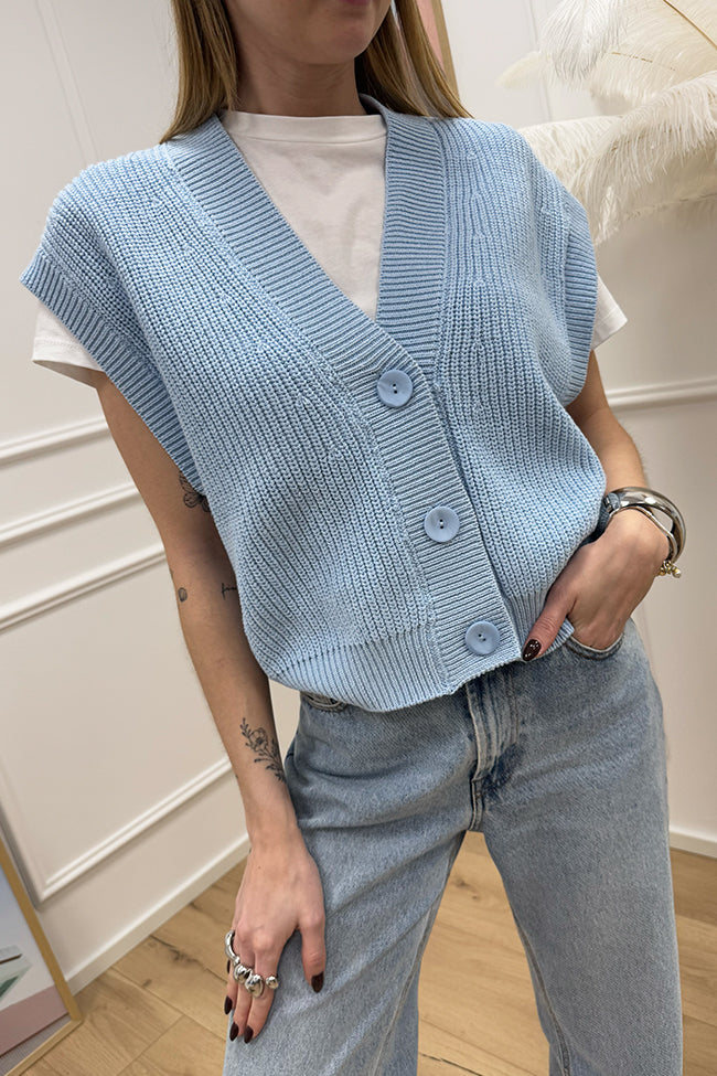Gilet maxi celeste a tre bottoni - HaveOne
