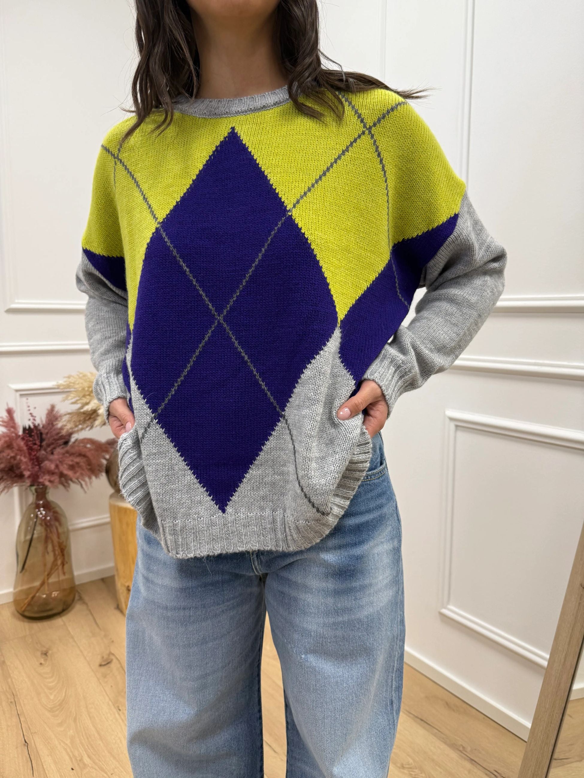 Maglia over rombi grigio, viola, lime e antracite - HaveOne