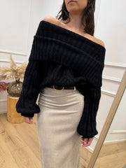 Maglia maxi scollo shiffer nero a coste - HaveOne