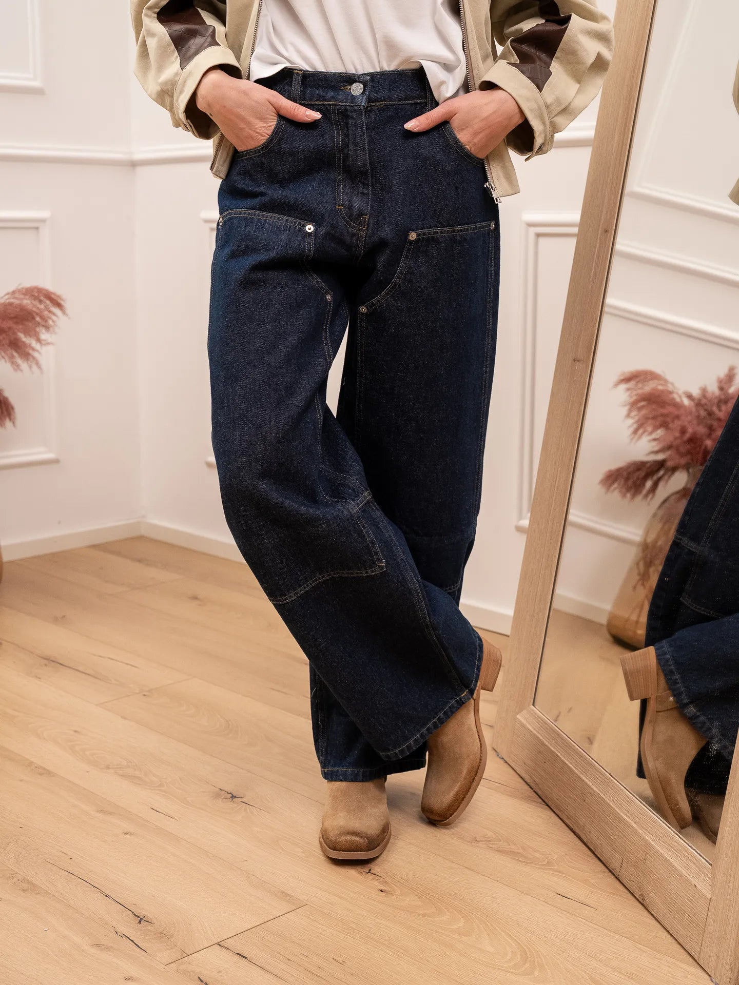 Jeans lavaggio zero a pannelli e cuciture camel - HaveOne