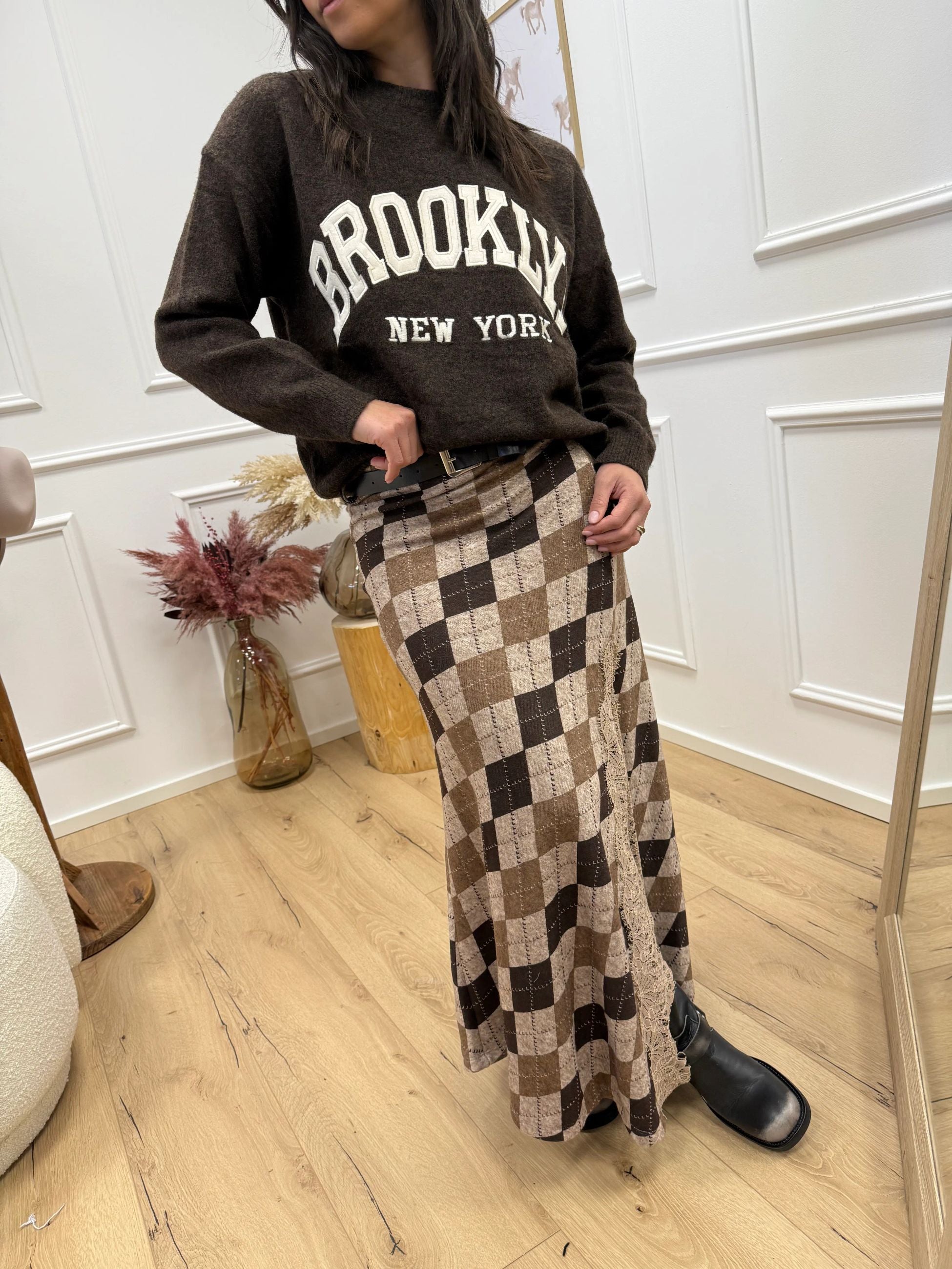 Gonna soft touch moro, beige spacco con pizzo - HaveOne