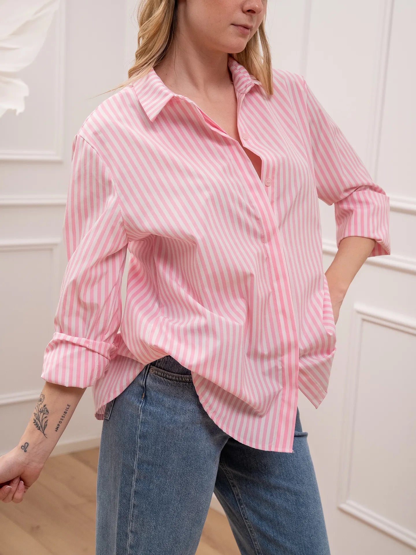 Camicia basic rigata rosa e bianca - HaveOne