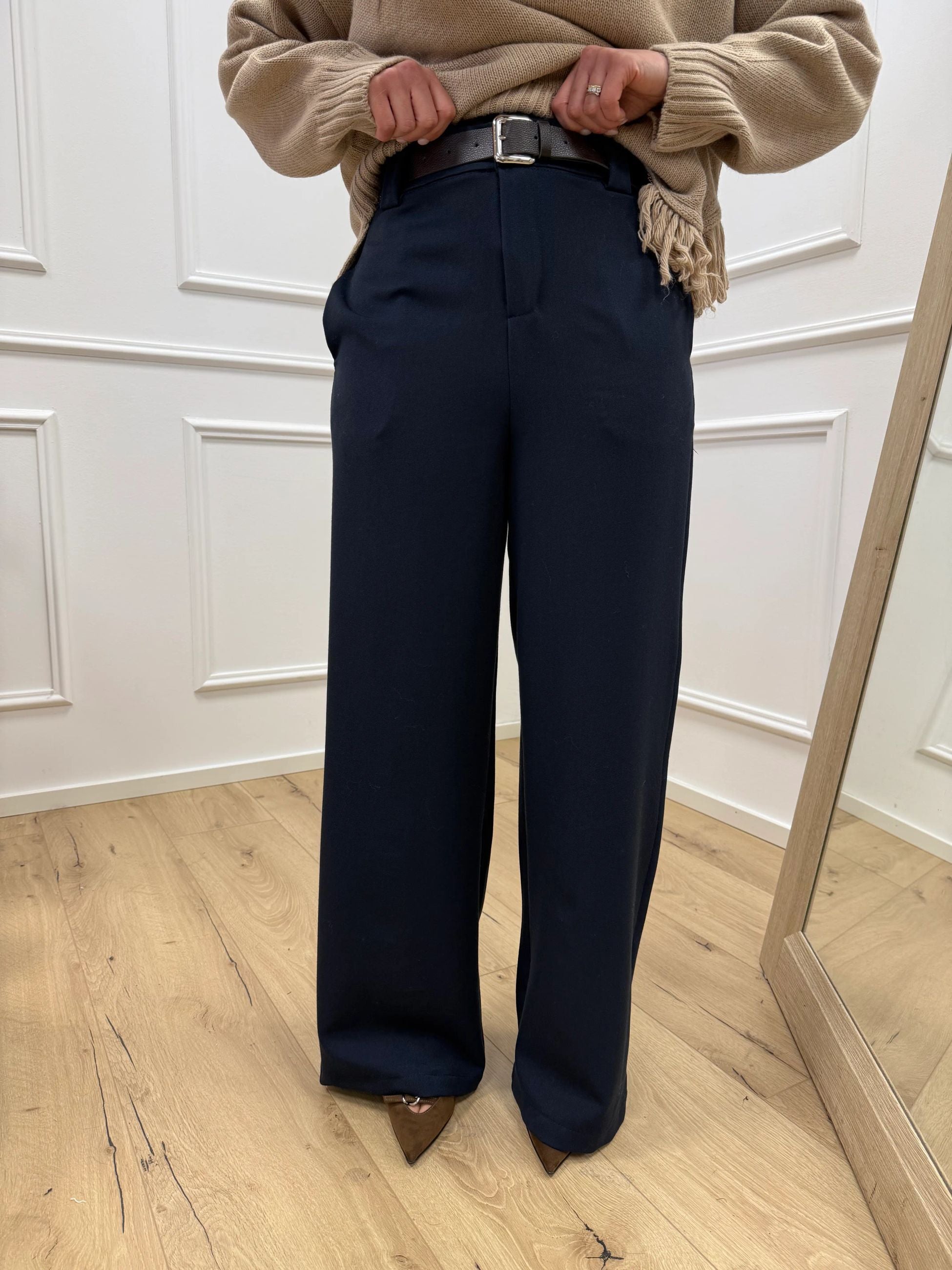 Pantaloni basic a palazzo blu con cintura - HaveOne