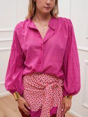 Camicia coreana in mussolina magenta manica balloon - Tensione In