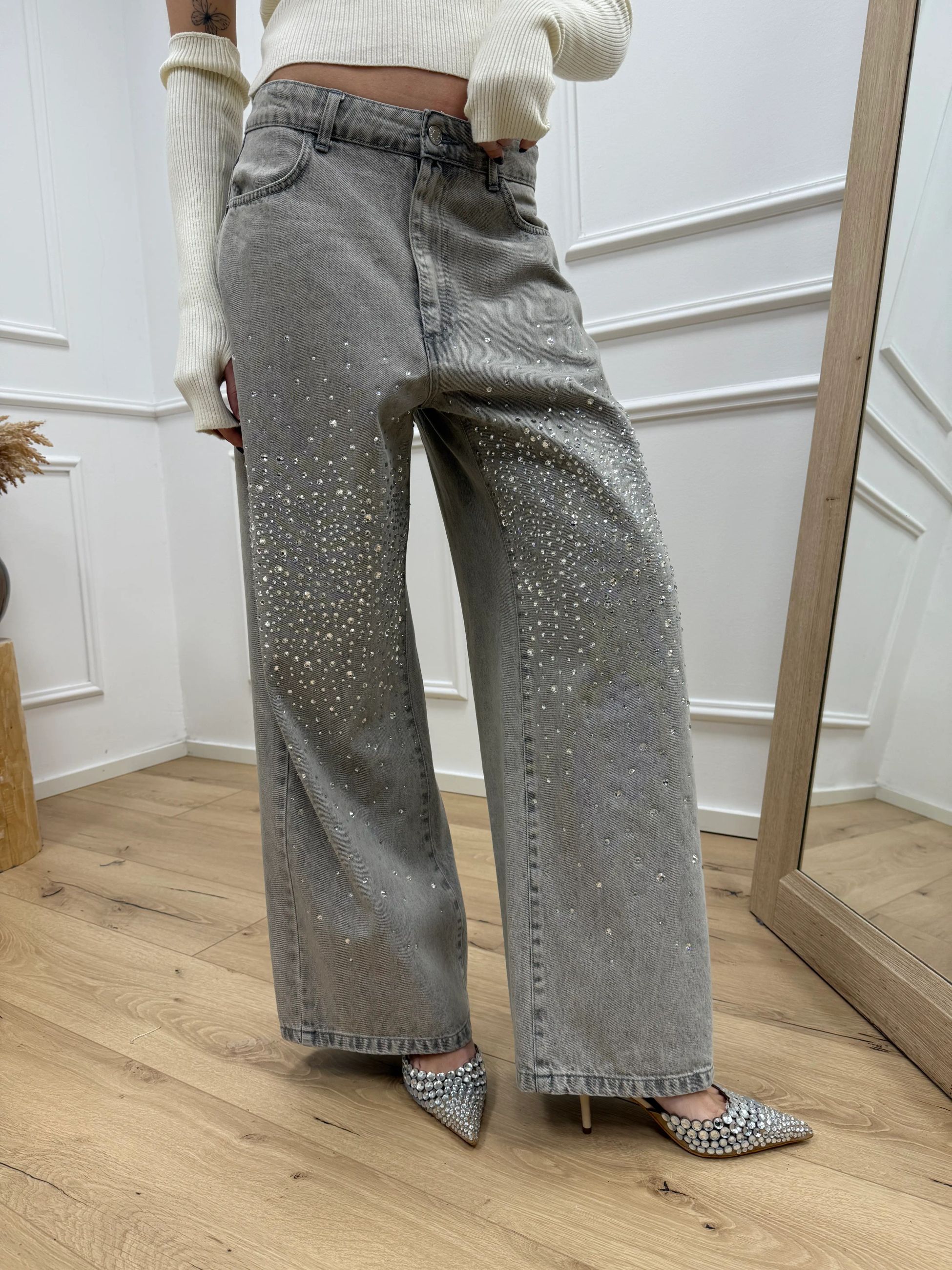 Pantaloni Amelie grigi con strass - HaveOne