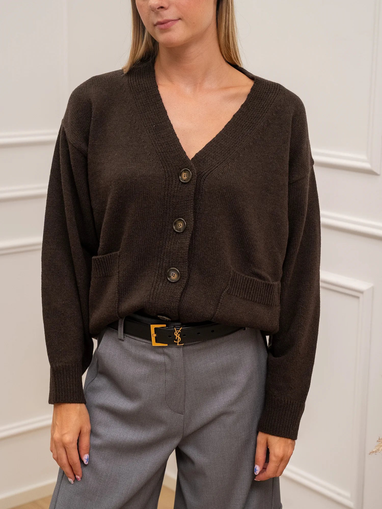 Cardigan basic moka scollo a v misto lana - Kontatto