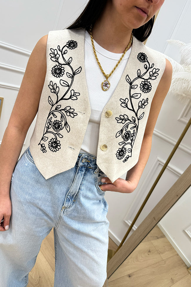 Gilet crop burro ricamato misto lino - Crispy